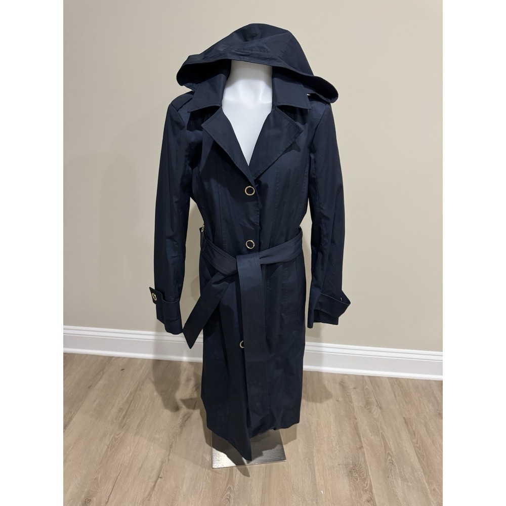 Ann Klein Women's Jacket Long Hooded Coat Navy Blue Belted Medium M